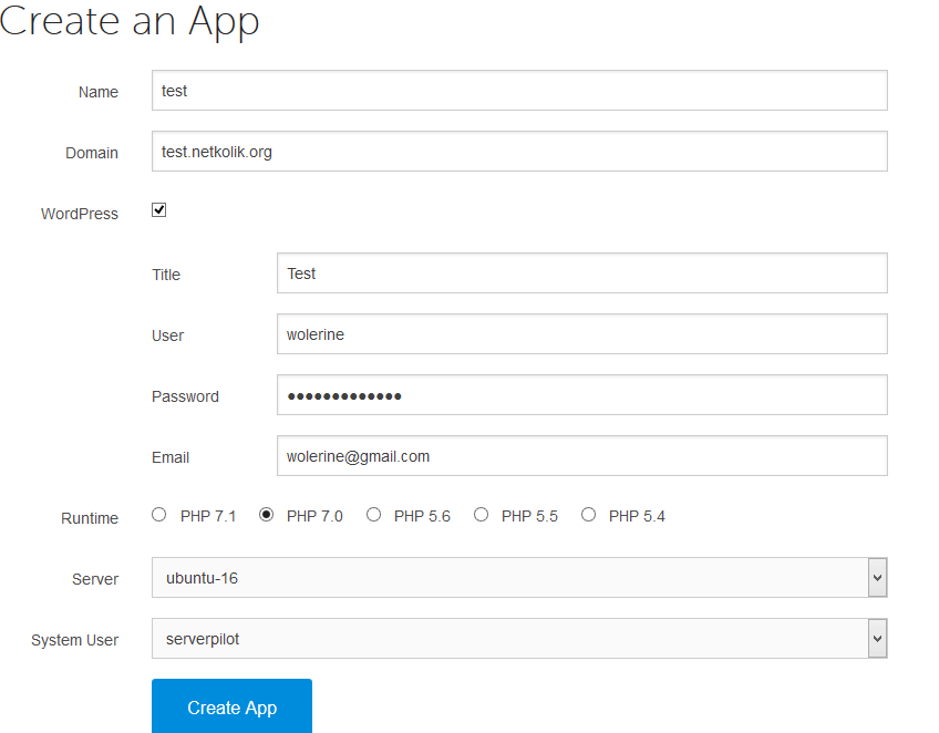 ServerPilot Create an App